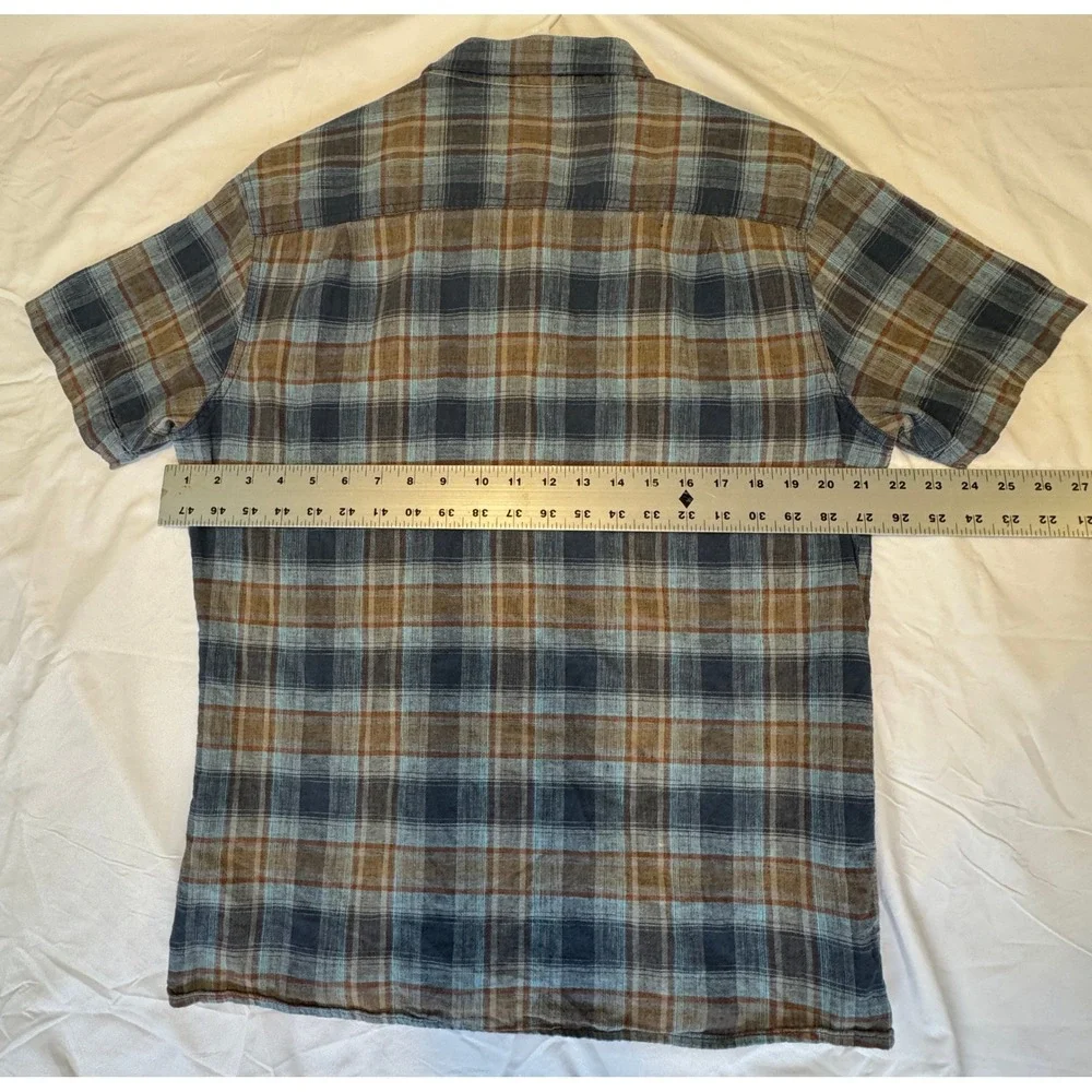 Kuhl Mens Medium Blue Brown Plaid Short Sleeve Button Down Shirt Pockets Hiking